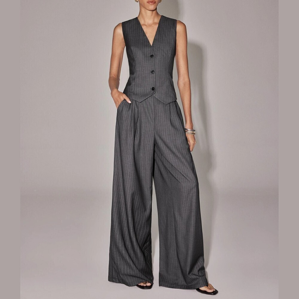 Charcoal Gray Pinstripe V Neck Button Vest and Wide Leg Pants Pantsuit Set